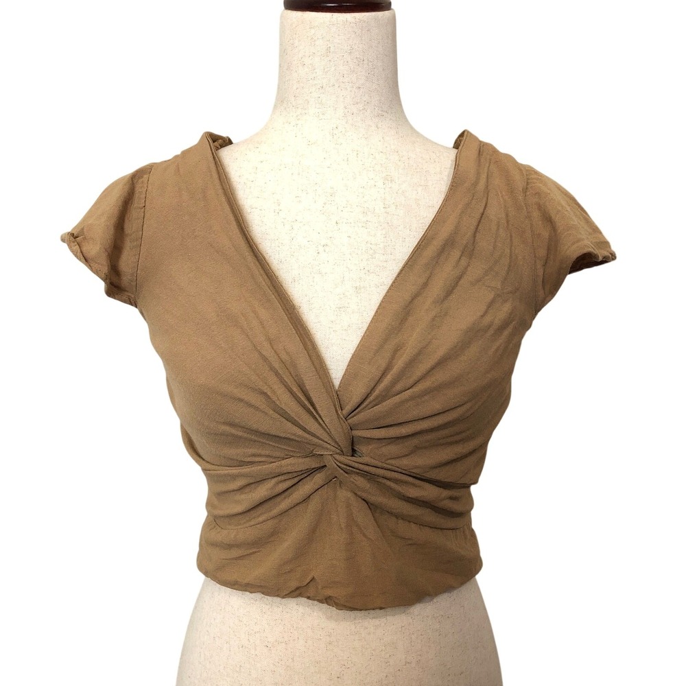 Twist Front Linen Blend Crop Top Large Tan Brown Boho Cottagecore
